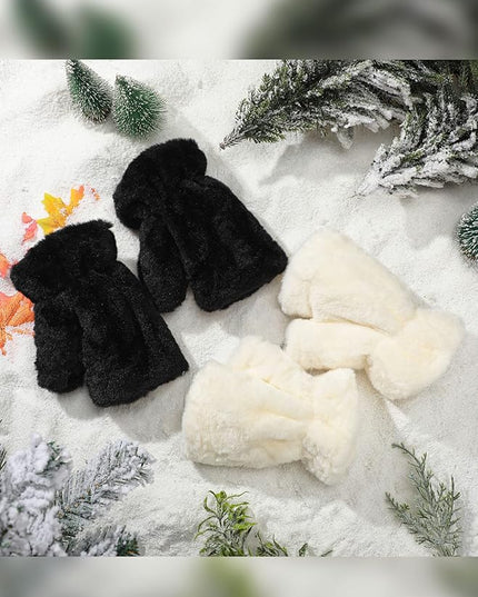 Geyoga 2 Pairs Winter Fingerless Faux Fur Gloves Women Warm Furry Convertible Fingerless Soft Smooth Gloves