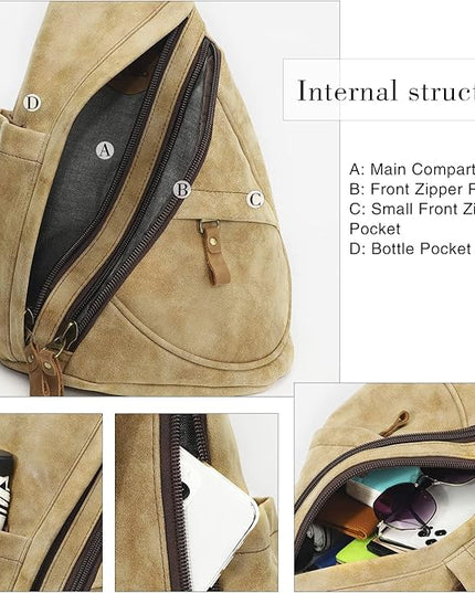 KL928 PU Leather Sling Bag - Small Crossbody Backpack Shoulder Casual Daypack Rucksack for Men Women(Light Coffee)