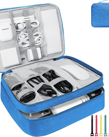 Electronics Travel Organizer,Large Double Layer Portable Waterproof Travel Organizer Bag for Charging Cable Storage,Ipad,Power Bank,Hard Drive,for Travel,Business,5pcs Cable Ties-Sky Blue