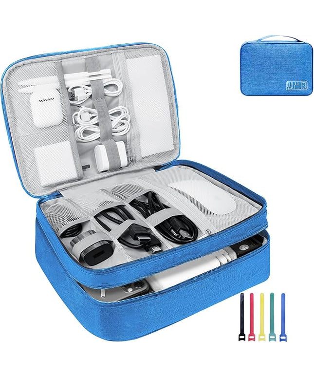 Electronics Travel Organizer,Large Double Layer Portable Waterproof Travel Organizer Bag for Charging Cable Storage,Ipad,Power Bank,Hard Drive,for Travel,Business,5pcs Cable Ties-Sky Blue
