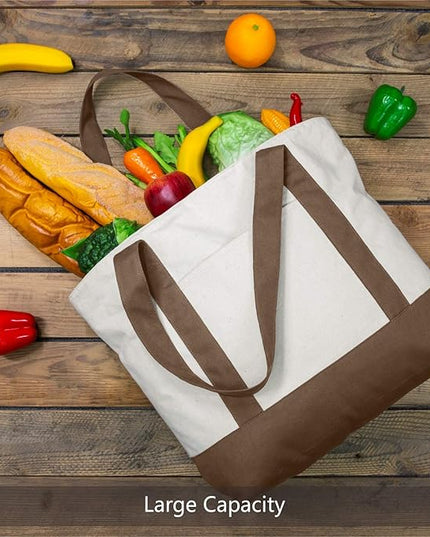 TOPDesign 6-Pack Canvas Tote Bags with an External Pocket, Reusable Grocery Shopping Bags, Top Zipper Closure, Daily Essentials (Brown/Natural)