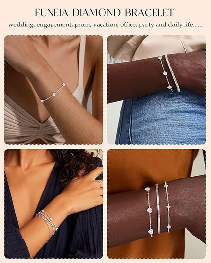FUNEIA Dainty Silver Gold Bracelets for Women Trendy Non Tarnish 14K Gold Plated Waterproof Diamond Bracelets Cute Stackable Heart Butterfly Clover Cross Evil Eye Charm Bracelet Stack Jewelry Gifts