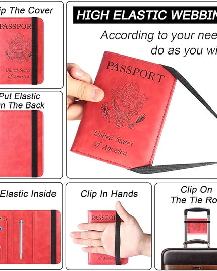 Passport Holder Cover Wallet Travel Essentials Leather Rfid Blocking Case Vacation Luggage Must Haves Travel Accessories for Men Women (116#Red)
