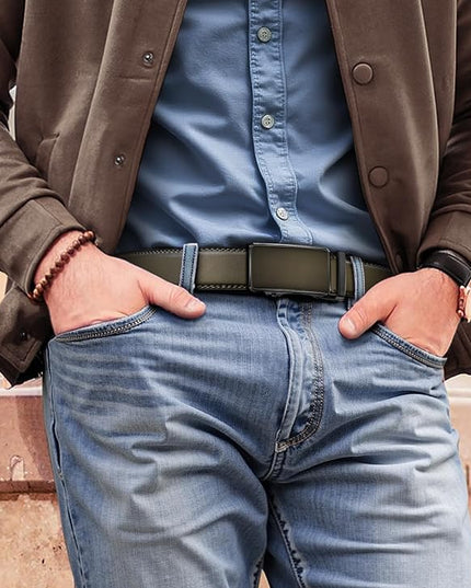 KEMISANT Men Belt 2 Pack, Leather Ratchet Belt Easy Click Slide For Men 1 3/8",Cut for Fit