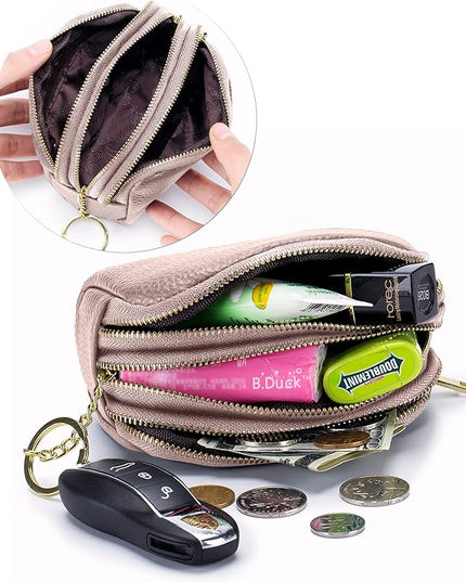 LINNO 3 Zippered Genuine Leather Coin Purse Triple Capacity Change Pouch Little Travel Wallet With Key Ring for Women