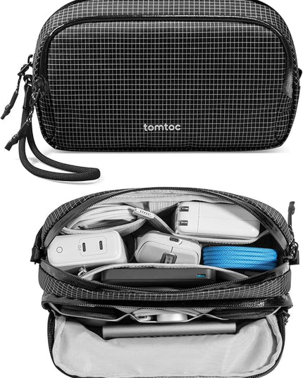 tomtoc Electronic Organizer Travel Case Performance, Water Resistant Dual Compartment Cable Organization Storage Bag for Charger, Cord, Phone, Hard Drive, Power Bank, Accessories Travel Essentials