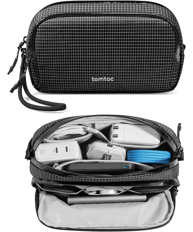 tomtoc Electronic Organizer Travel Case Performance, Water Resistant Dual Compartment Cable Organization Storage Bag for Charger, Cord, Phone, Hard Drive, Power Bank, Accessories Travel Essentials