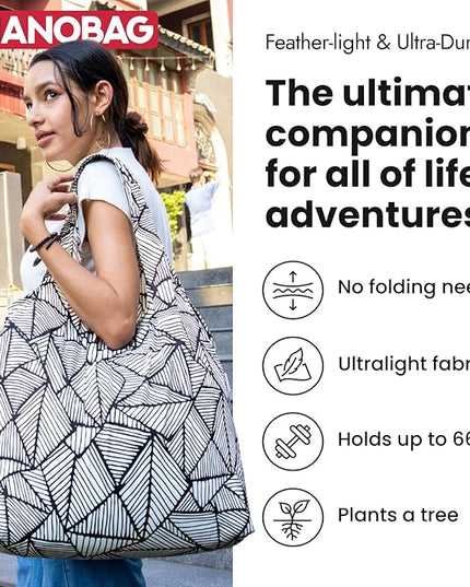 Nanobag Ultralight Heavy Duty Foldable Tote for Women & Men, Reusable Grocery & Travel Bag, Packable Collapsible Compact Market Essential (XL Petaline)