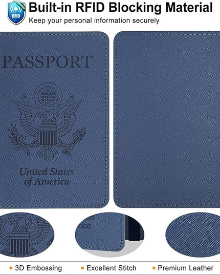 RSAquar Passport Holder for Women and Men, Premium PU Leather Travel Passport Wallet RFID Blocking Passport Cover Travel Documents Organizer (JD-Blue)
