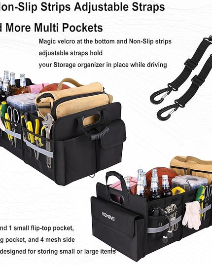 Homeve Trunk Organizer for Car, Collapsible Storage Box, Car Storage Organizer, 6 Compartment, Multi Pockets, Non Slip Strips, 2 Adjustable Securing Straps, Black