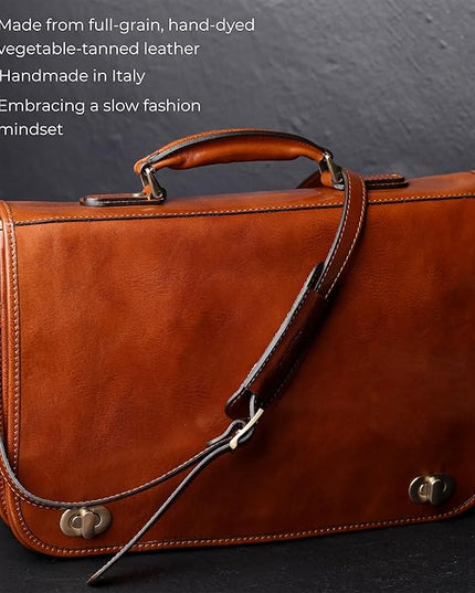 Time Resistance Leather Briefcase for Men - Italian Full Grain Leather Laptop Bag - Messenger Bag - Gift Box Included