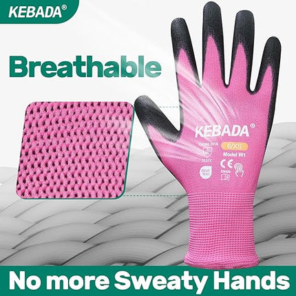 Kebada W1 Work Gloves Women, PU Coated Safety Gloves with Grip, Touchscreen, Ideal for Warehouse Package Handling, Construction, Gardening, Pink Medium
