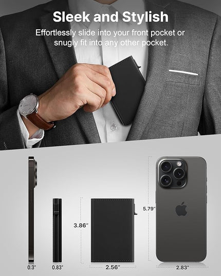 typecase Mens Wallet Card Holder: Pop Up Aluminum Case, Genuine Leather, Smart, RFID Blocking, Slim, Minimalist, Front Pocket - 9-14 Card Capacity | ID Window | Cash Slot (Deep Black)