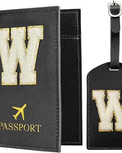 PATIKIL Passport Holder for Travel, Initial Passport Cover and Luggage Tag Set with Alphabet Chenille Letter Patch Travel Wallet Bag Suitcase Identifier for Women Family Travel Black W