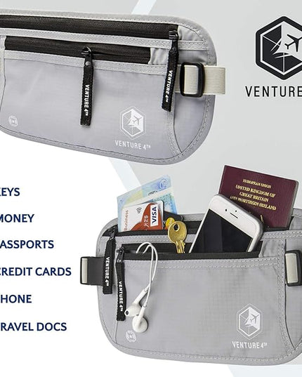 VENTURE 4TH Money Belt for Travel – Hidden Under-Clothes RFID Blocking Passport Holder & Slim Travel Wallet Pouch for Men & Women to Protect Cash, Cards & Documents (Silver)