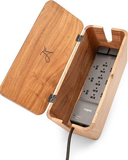 Large Cable Management Box - Acacia Wood - Cable Organizer Box and Power Strip Box for Electrical Cord Management - Hide Desk Cord and Floor Cables - Wire Storage and Organization for Cords