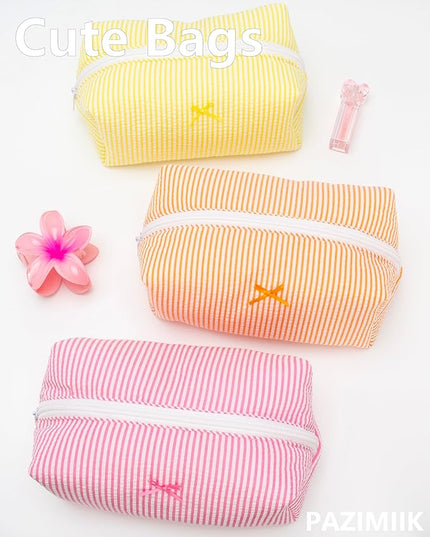 PAZIMIIK Cozy Makeup Bag Small Aesthetic Travel Zipper Cosmetic Pouch for Women Make Up Beauty Accessories Brushes, Stripe Yellow