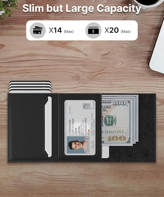 typecase Mens Wallet Card Holder: Pop Up Aluminum Case, Genuine Leather, Smart, RFID Blocking, Slim, Minimalist, Front Pocket - 9-14 Card Capacity | ID Window | Cash Slot (Deep Black)