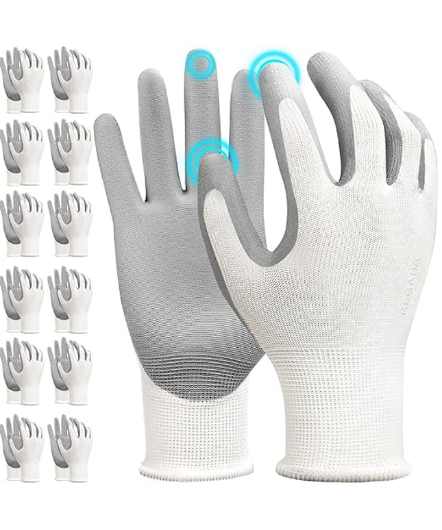 Kebada W1 Work Gloves for Men and Women, 12 Pairs Touchscreen Safety Gloves with Grip, PU-Coated, Ideal for Light & Medium Duty Tasks, White, Small