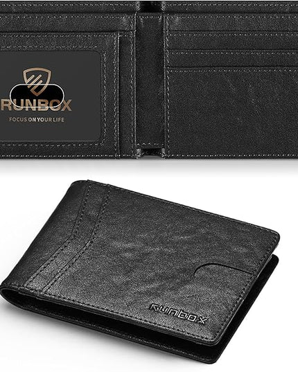 RUNBOX Wallet for Men Slim Leather Bifold RFID Blocking Minimalist Front Pocket Design with Gift Box