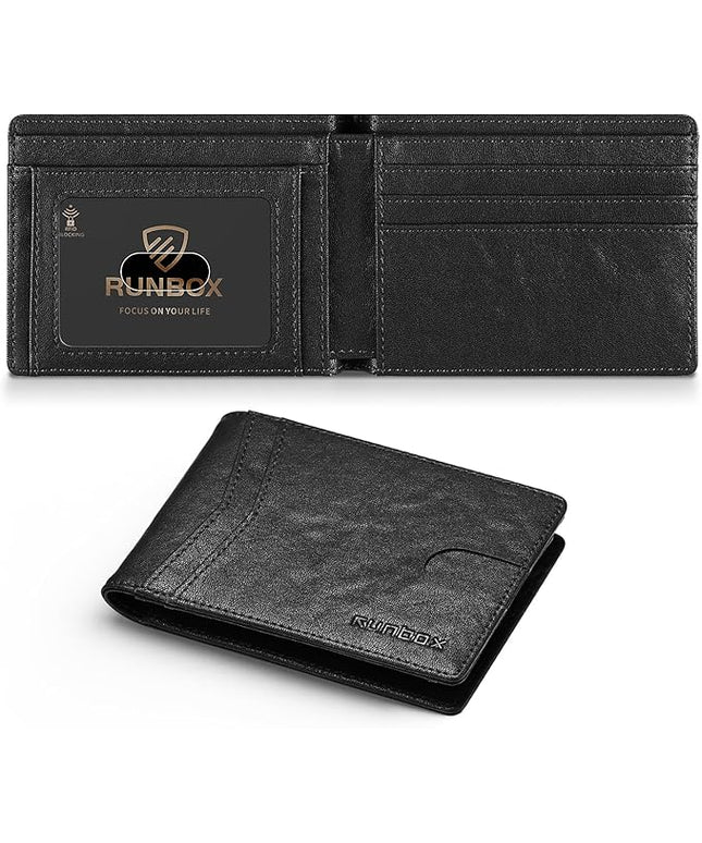 RUNBOX Wallet for Men Slim Leather Bifold RFID Blocking Minimalist Front Pocket Design with Gift Box