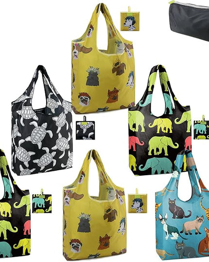 BeeGreen Animals Reusable Grocery Bags Reusable Kitchen Bags Bulk Foldable-Machine Washable with Zipper Storage Pouch 6 Packs