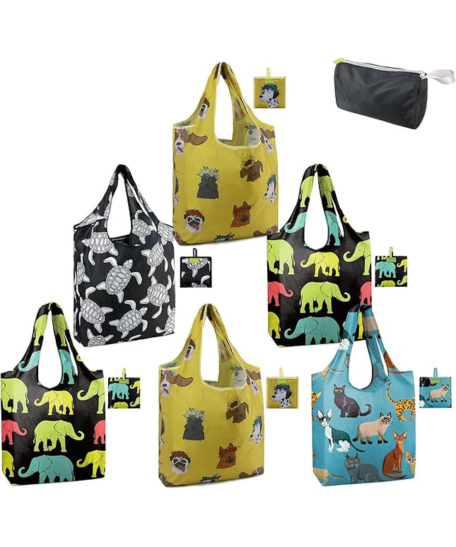 BeeGreen Animals Reusable Grocery Bags Reusable Kitchen Bags Bulk Foldable-Machine Washable with Zipper Storage Pouch 6 Packs