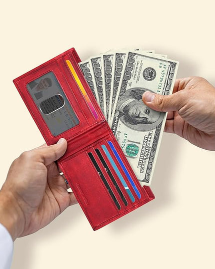 Oak Leathers Slim Leather Wallet for Men - RFID Blocking Slim Minimalist Front Pocket - Thin & Stylish with ID Window, Gift For Men (Vintage Red)