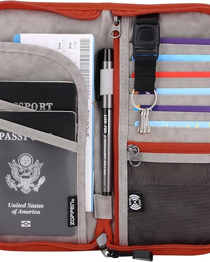 ZOPPEN Passport Holder Family RFID Passport Wallet, Passport Holder Women/Men, Travel Wallet Documents Organizer Zipper Case with Removable Wristlet Strap, Travel Essentials for Flying