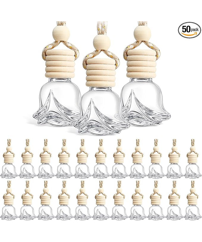 BBTO 50 Pcs Hanging Car Air Freshener Car Diffuser Bottles Empty Glass Perfume Bottle Freshener Diffuser Bottle Pendant for Essential Oil Fragrance Aromatherapy Bottle Ornament(Rose)