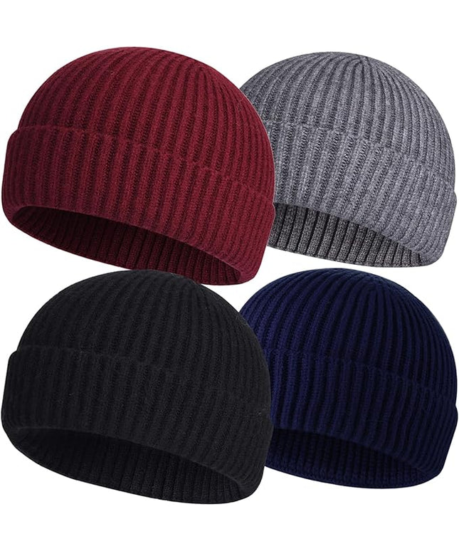 ROYBENS 4 Pack Wool Fisherman Beanies for Men, Knit Short Watch Cap Winter Warm Hats