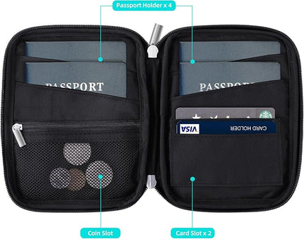 WALNEW Passport Holder Family for 4, RFID Blocking Travel Wallet Women Men, Lightweight Zipper Document Organizer Pouch Bag Credit Cards Case Cover for Travelling, Black | Family for 4, RFID Blocking, Lightweight, Zipper, Document Organizer, Pouch Bag