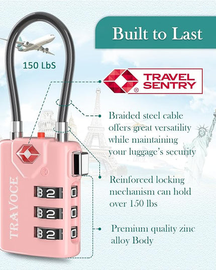 Search Alert TSA Approved Travel Combination Luggage Cable Locks for Suitcase, Gym Locker,Toolbox,Backpack 1,2,4,6 &10 pk (Pink 2 Pack)