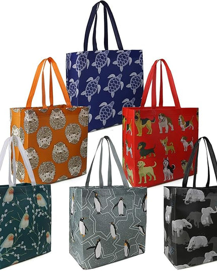 BeeGreen Animal Reusable Grocery Bags - W13*H13*D7 6 Packs Lightweight Shopping Totes with Long Handles, Water Resistant,Durable and Portable - Perfect for Groceries, Supermarket, Gifts, and More