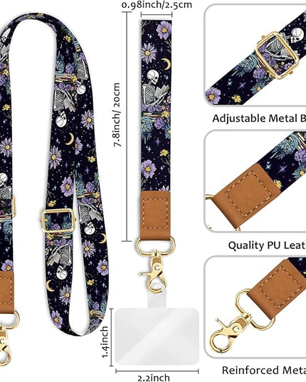 Phone Lanyard Crossbody Strap, Skeleton Flower Cell Phone Lanyards for Around the Neck Wristlet Shoulder, Funny Skull Gothic Wrist Strap Adjustable Accessories Travel Essentials