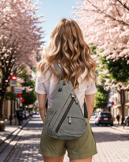 Vintage Canvas Sling Bag with Genuine Leather Zipper, 3 in 1 Crossbody, Backpack, and Chest Bag, for Travel, Hiking, 16x10x6 Inches, Gray