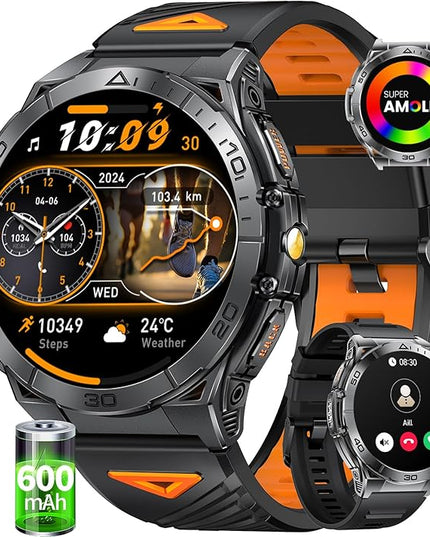 SUNKTA Military Smart Watch for Men,600mAh Battery/1.6" AMOLED Screen/5ATM Waterproof Smartwatches (Answer/Dial Calls) Fitness Tracker with Sleep Tracking/Heart Rate/Blood Oxygen for Android/iOS