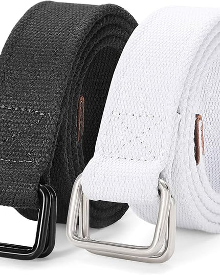 JASGOOD Men Canvas Fabric Belts Casual Web Cloth Belts with Black Double Ring Buckle 2 Pack