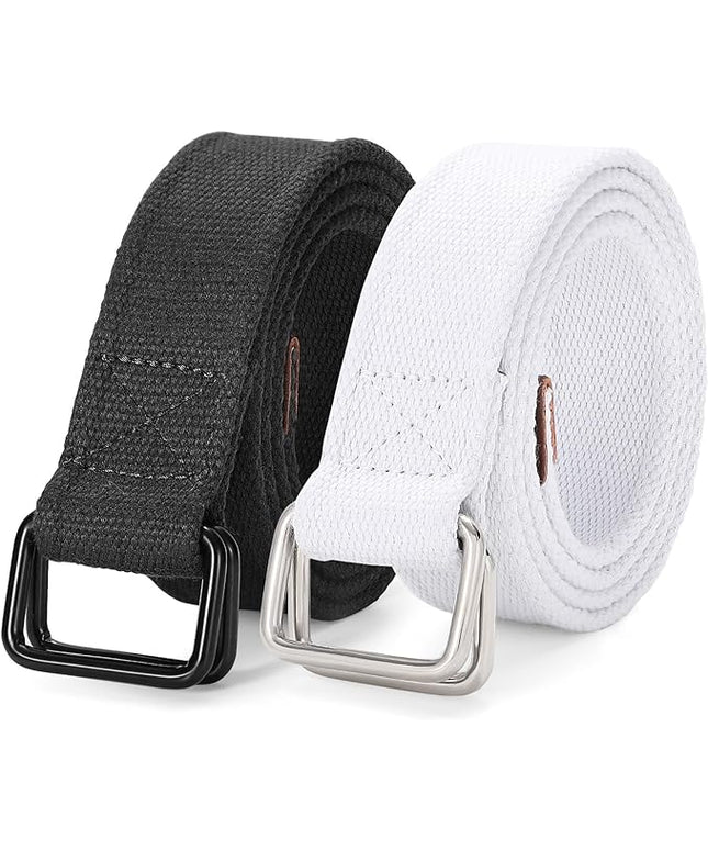 JASGOOD Men Canvas Fabric Belts Casual Web Cloth Belts with Black Double Ring Buckle 2 Pack
