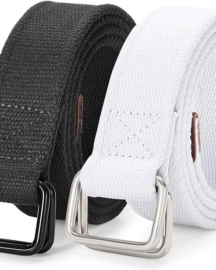 JASGOOD Men Canvas Fabric Belts Casual Web Cloth Belts with Black Double Ring Buckle 2 Pack