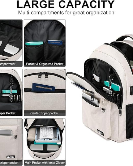 School Backpack for Teen Girls, Laptop Backpack 15.6 Inch with USB Charging Port, Sturdy Beige College Bookbag