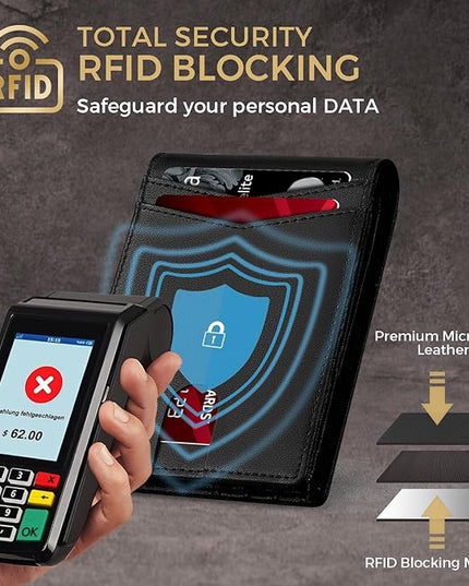 RUNBOX Wallet for Men Bifold RFID Blocking Wallets with 2 ID Window 14 Card Holders 1 cash pocket 1 Gift Box