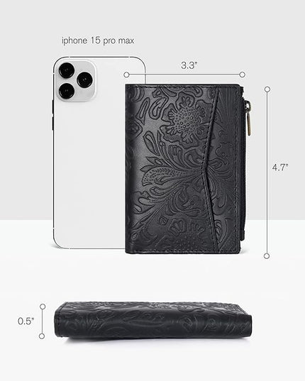 Oak Leathers Leather Wallet For Women - Small RFID Coin Purse Credit Card & ID Holder for Ladies, Gift for Women's, Bifold Wallets (Crazy Horse Black Flower)