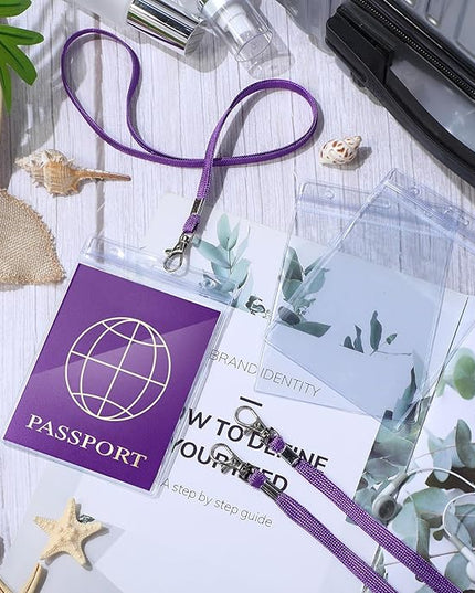 Patelai 50 Pcs 4 x 5.5 Inch Clear Passport Holders with Lanyard Extra Large PVC Card Holder Waterproof Name Badge Holder for Cruise Vacation Credit Card Plane Ticket Receipt (Purple)
