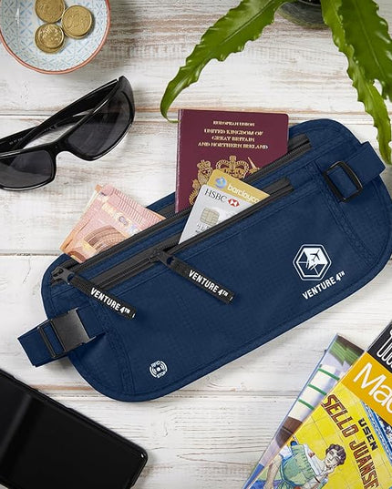 VENTURE 4TH Money Belt for Travel – Hidden Under-Clothes RFID Blocking Passport Holder & Slim Travel Wallet Pouch for Men & Women to Protect Cash, Cards & Documents (Navy Blue)