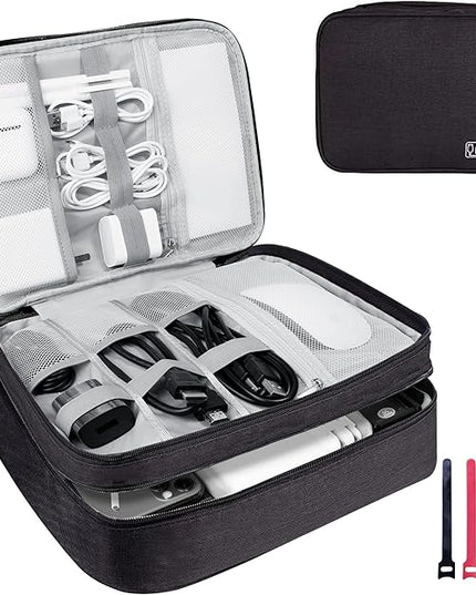 Electronics Travel Organizer,Large Double Layer Portable Waterproof Travel Organizer Bag for Charging Cable Storage,Ipad,Power Bank,Hard Drive etc,for Travel,Business,5pcs Cable Ties-Black