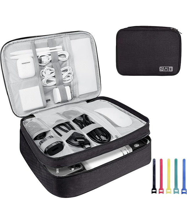 Electronics Travel Organizer,Large Double Layer Portable Waterproof Travel Organizer Bag for Charging Cable Storage,Ipad,Power Bank,Hard Drive etc,for Travel,Business,5pcs Cable Ties-Black