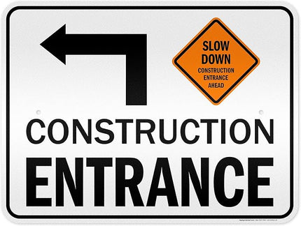 Slow Down Construction Entrance Ahead With Left Arrow Sign, 18x24 Inches, 3M EGP Reflective .080 Aluminum, Fade Resistant, Made in USA by My Sign Center
