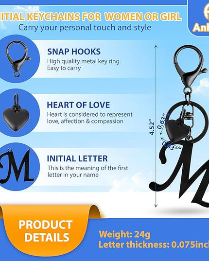 A-Z Heart Initial Letter Keychain, Stainless Steel Alphabet Charm for Handbags, Gift for Women and Girls