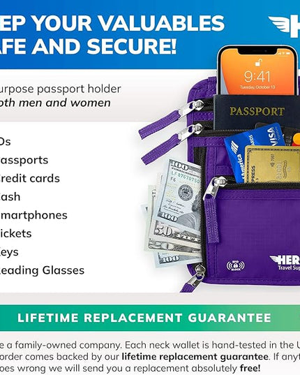 HERO Neck Wallet, RFID Blocking Passport Holder, Easy to Conceal Pouch (Purple)